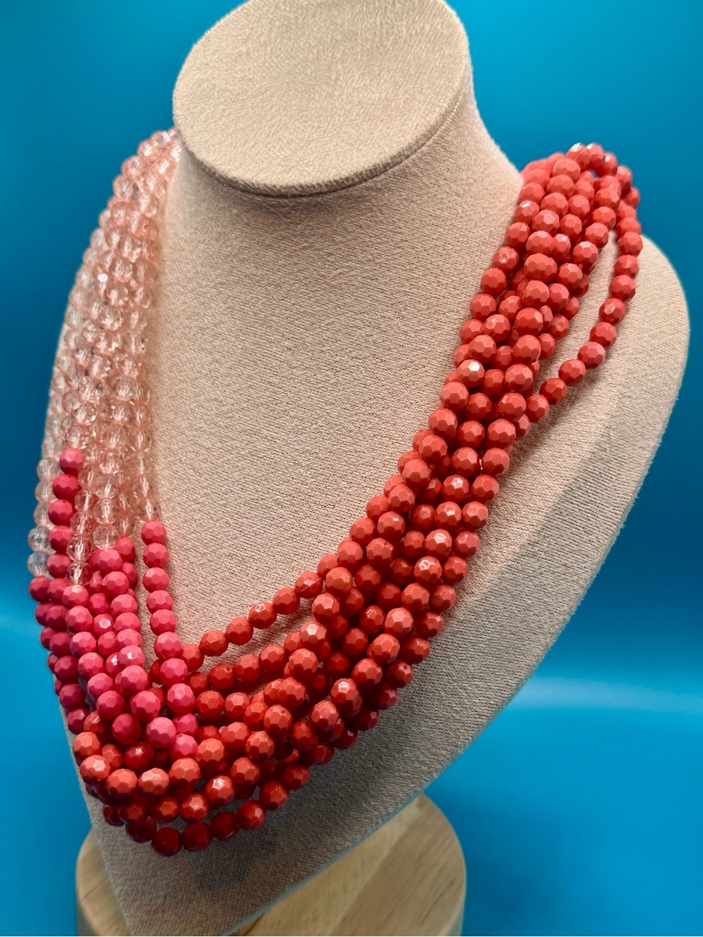 Vtg Multi-Strand Pink & Coral Beaded Statement Necklace